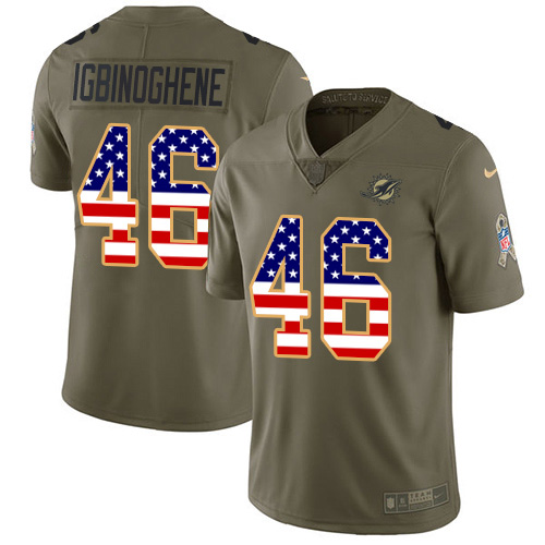 Nike Miami Dolphins #46 Noah Igbinoghene Olive USA Flag Youth Stitched NFL Limited 2017 Salute To Service Jersey